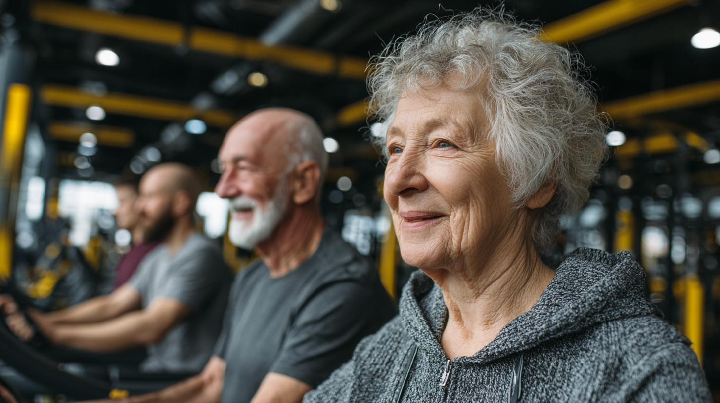 Группа людей зрелого возраста на занятии фитнесом