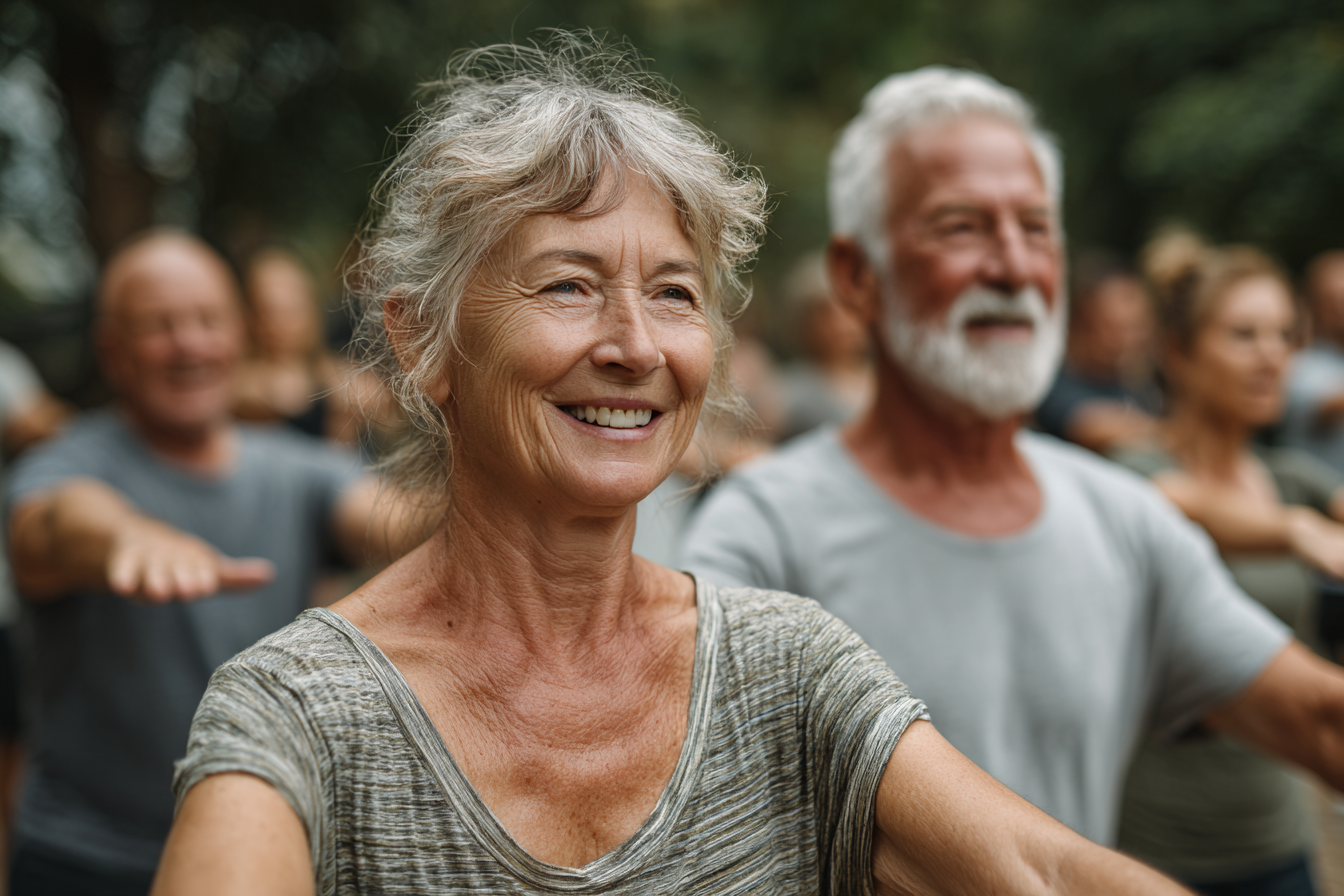 Группа людей на природе выполняет упражнения
